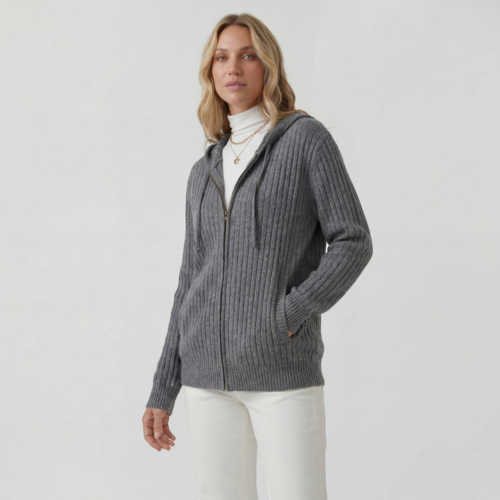 Damen Rippstrick Zip-Up Hoodie Cardigan – Oversized Full-Zip Stil