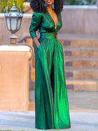 HELENA - Metallic Glanz Tiefer V-Ausschnitt Weitbeiniger Jumpsuit mit Plissee-Taille
