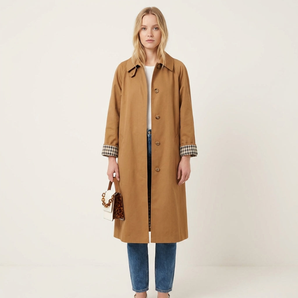 Check-Lined Single-Breasted Trench Coat
