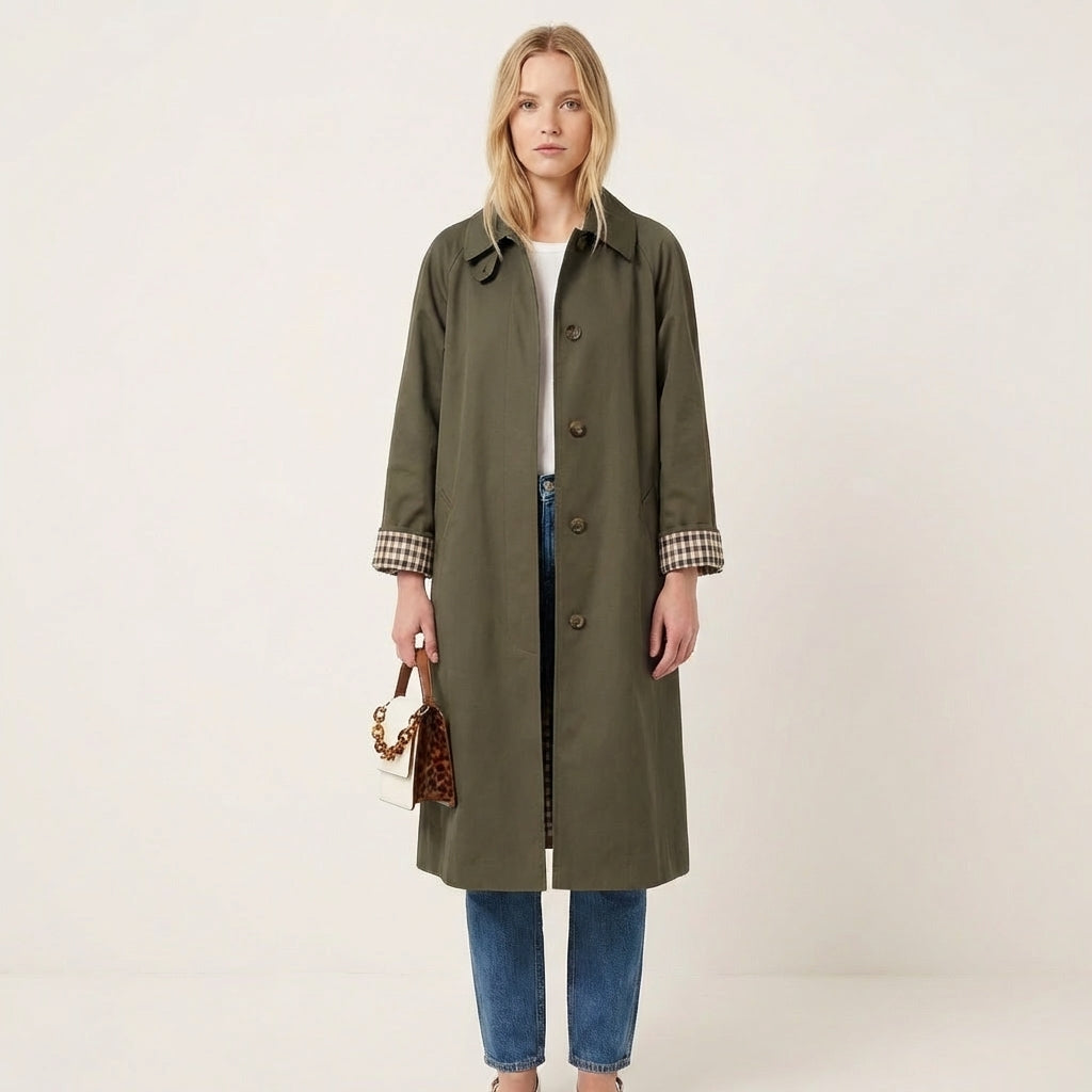 Check-Lined Single-Breasted Trench Coat