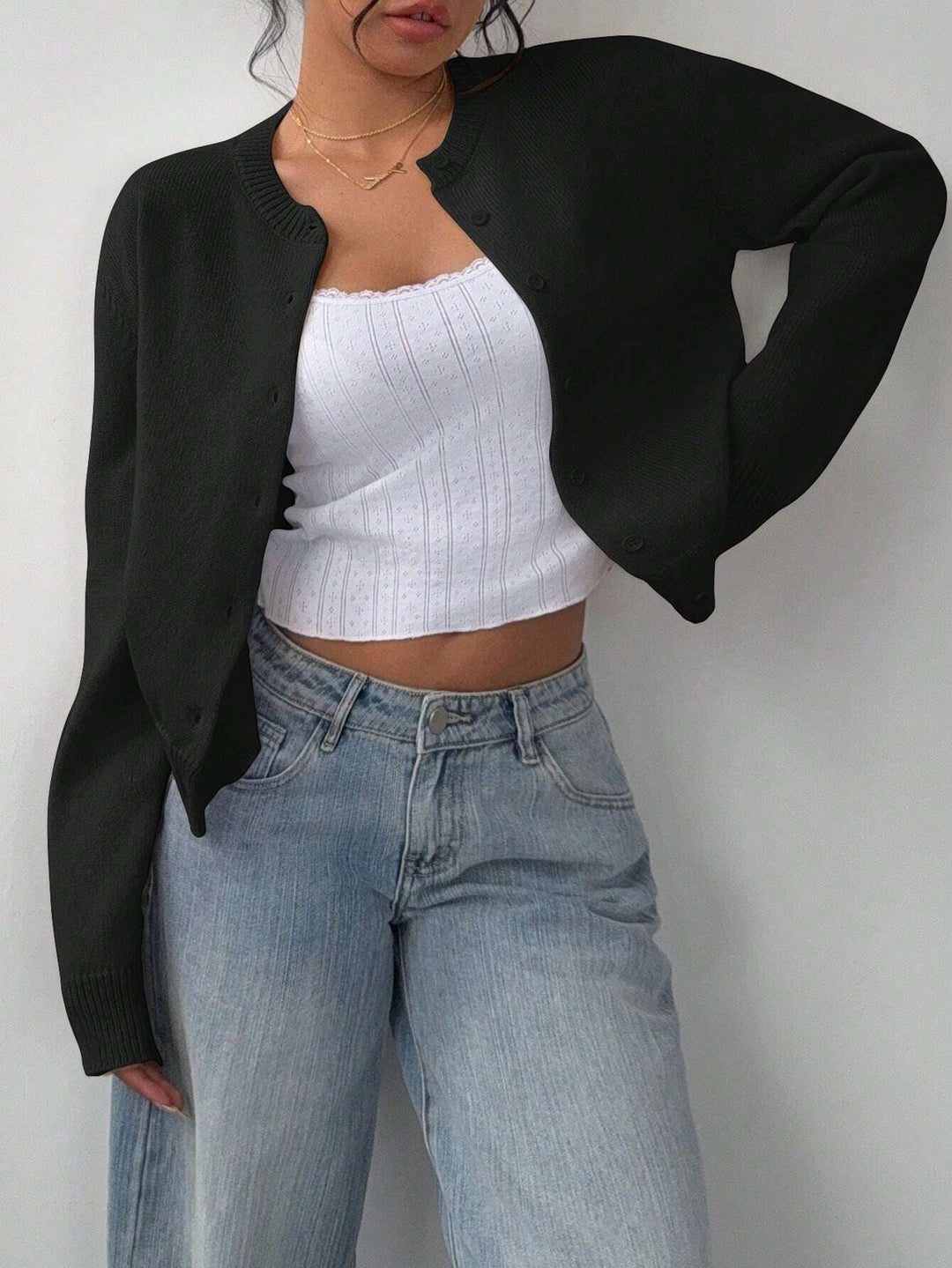 Gekürzter Cardigan – Strick-Slim-Fit Pullover mit langen Ärmeln für Damen