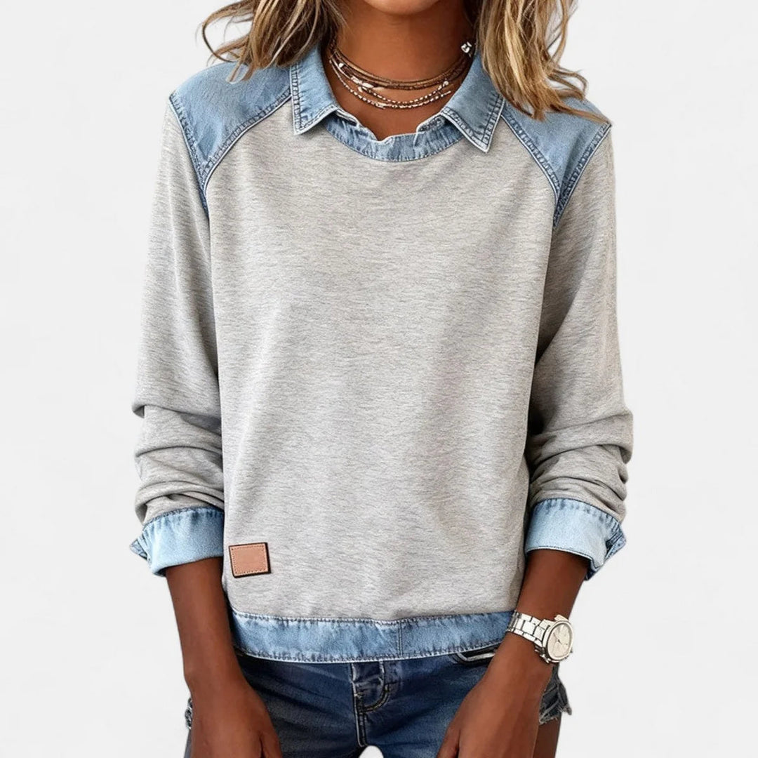 Damen Strickpullover mit Denim-Kragen Patchwork Raglan Pullover