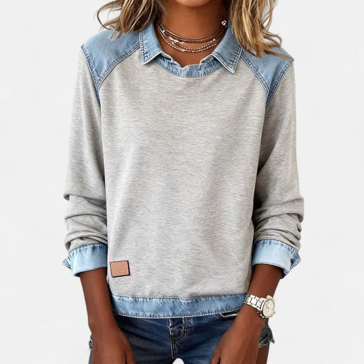 Damen Strickpullover mit Denim-Kragen Patchwork Raglan Pullover