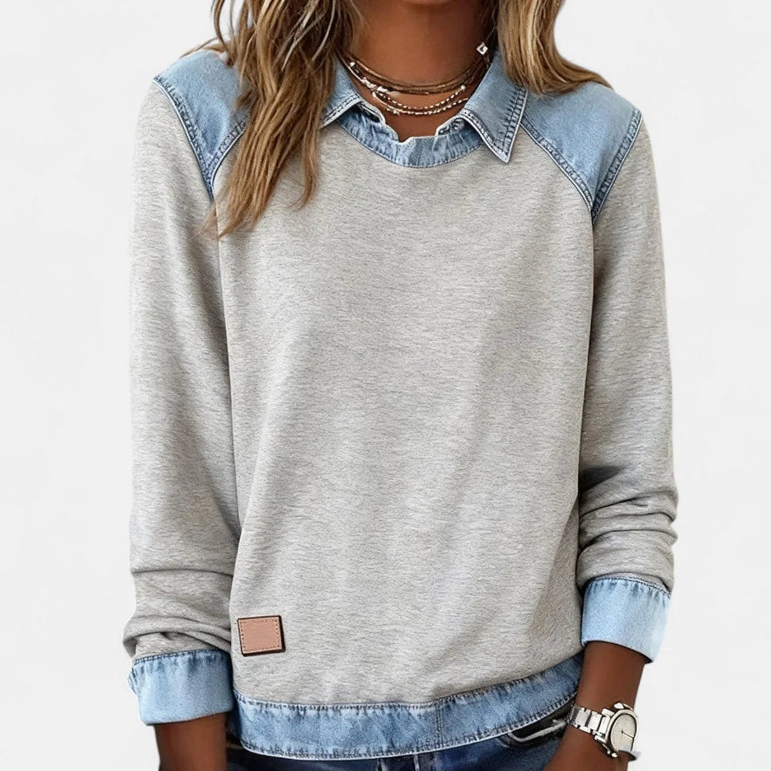 Damen Strickpullover mit Denim-Kragen Patchwork Raglan Pullover