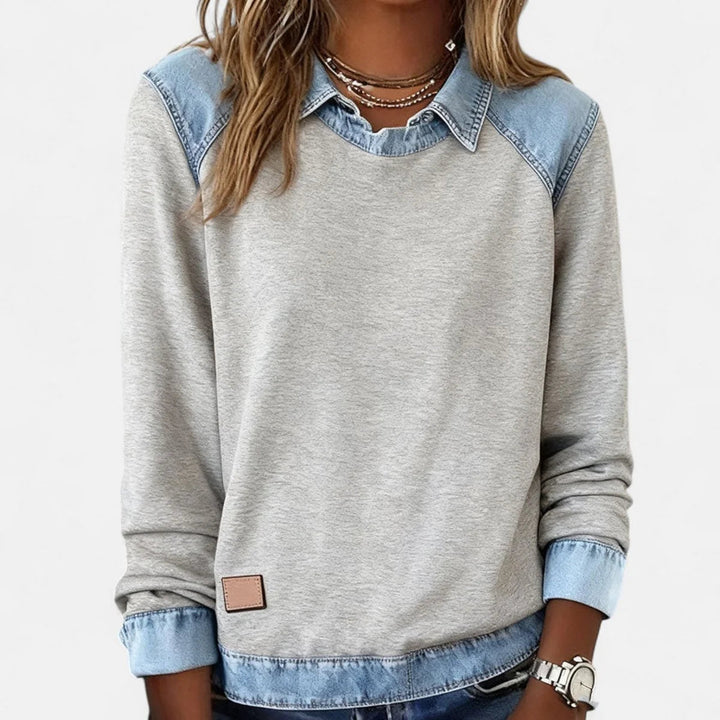 Damen Strickpullover mit Denim-Kragen Patchwork Raglan Pullover