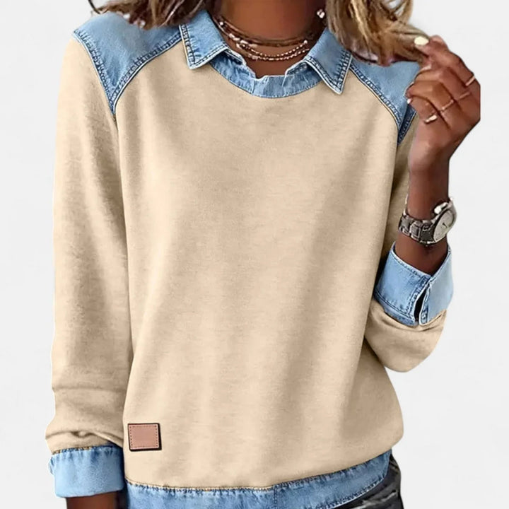 Damen Strickpullover mit Denim-Kragen Patchwork Raglan Pullover
