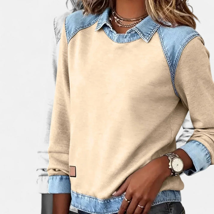 Damen Strickpullover mit Denim-Kragen Patchwork Raglan Pullover