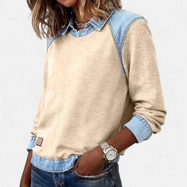Damen Strickpullover mit Denim-Kragen Patchwork Raglan Pullover