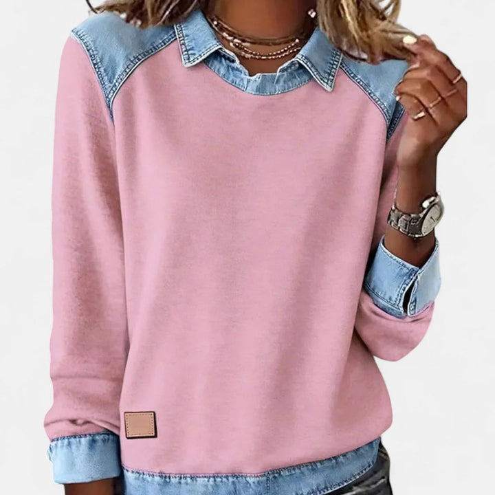 Damen Strickpullover mit Denim-Kragen Patchwork Raglan Pullover