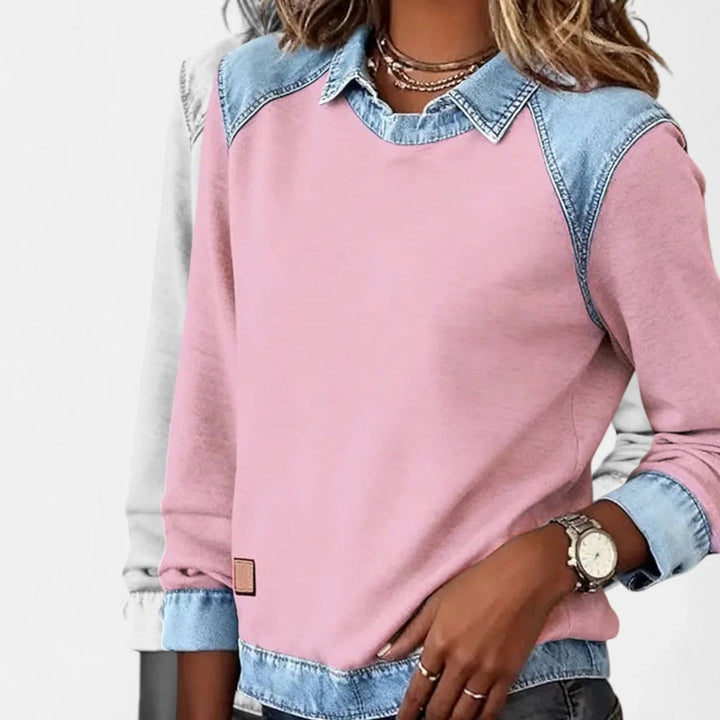 Damen Strickpullover mit Denim-Kragen Patchwork Raglan Pullover