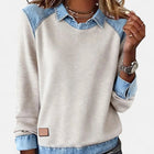 Damen Strickpullover mit Denim-Kragen Patchwork Raglan Pullover