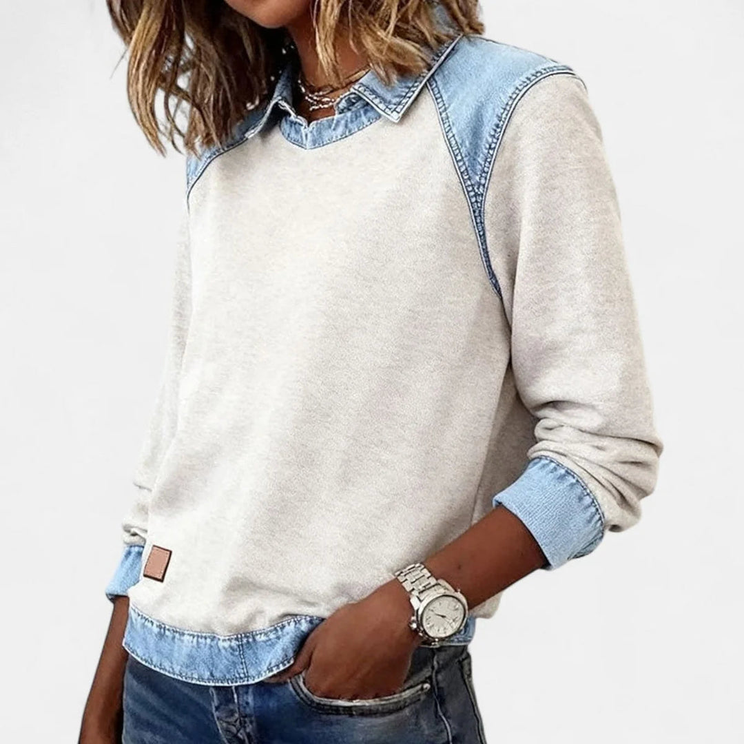 Damen Strickpullover mit Denim-Kragen Patchwork Raglan Pullover