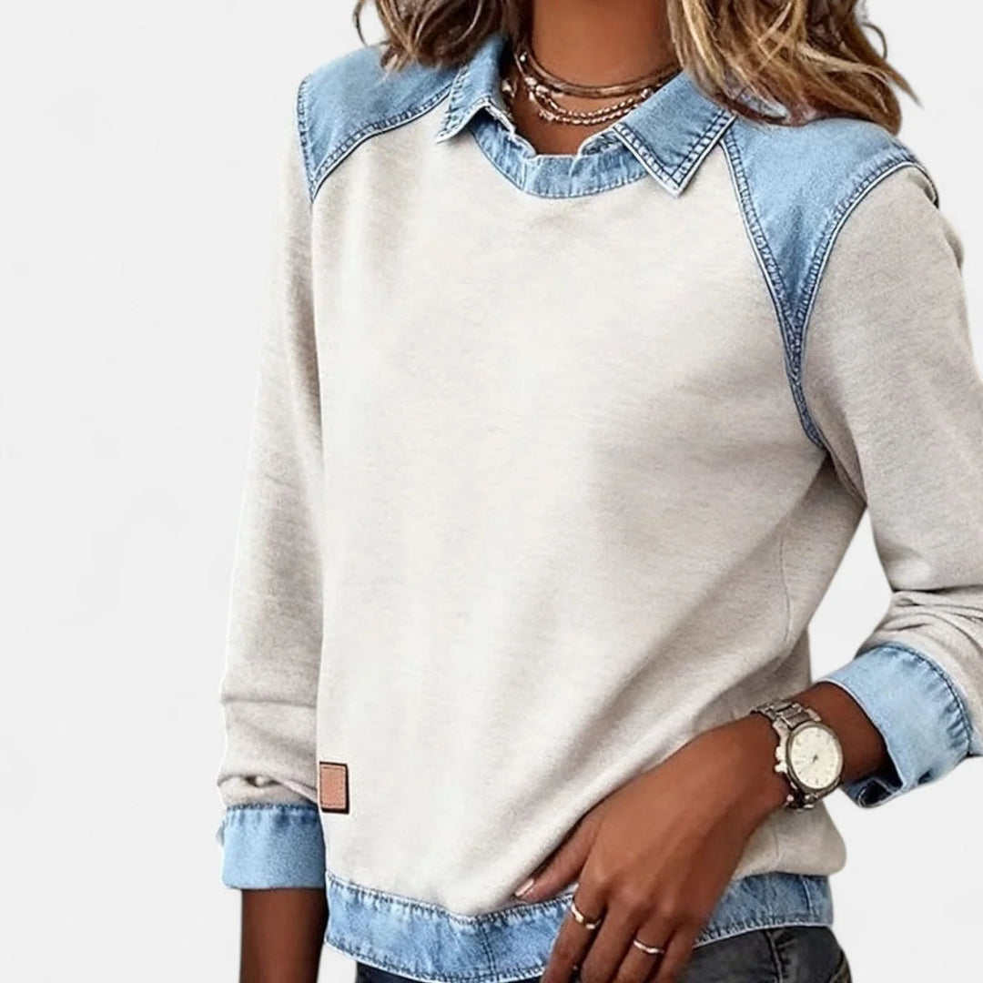 Damen Strickpullover mit Denim-Kragen Patchwork Raglan Pullover