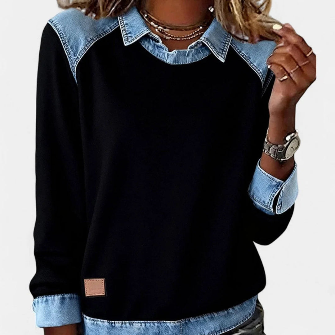 Damen Strickpullover mit Denim-Kragen Patchwork Raglan Pullover