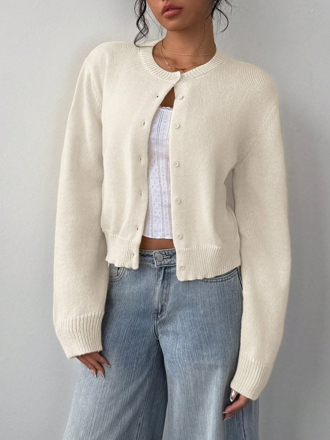 Gekürzter Cardigan – Strick-Slim-Fit Pullover mit langen Ärmeln für Damen