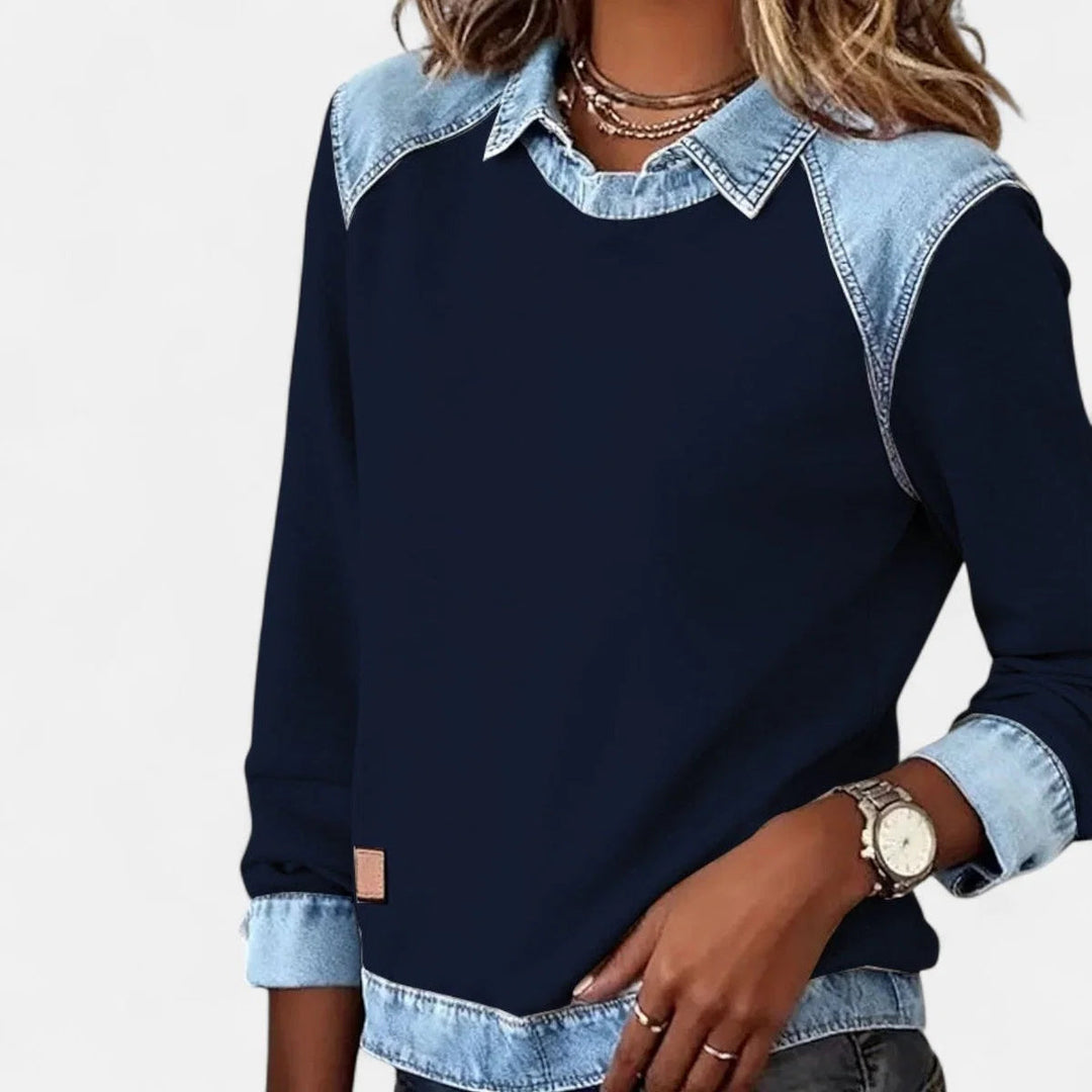 Damen Strickpullover mit Denim-Kragen Patchwork Raglan Pullover