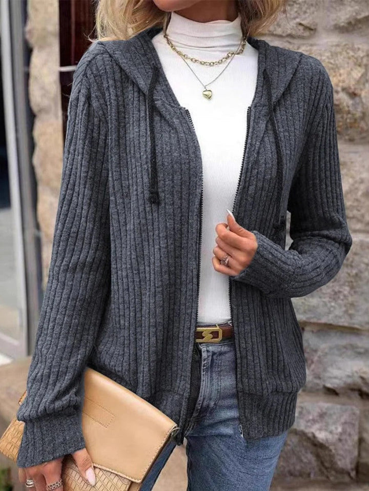 Damen Rippstrick Zip-Up Hoodie Cardigan – Oversized Full-Zip Stil