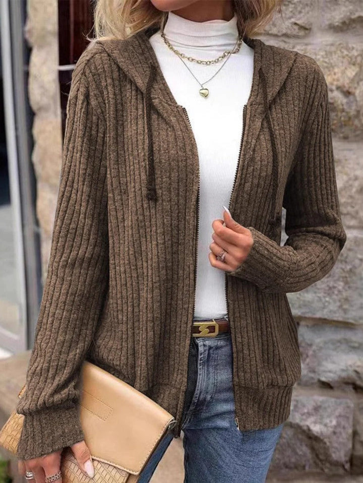 Damen Rippstrick Zip-Up Hoodie Cardigan – Oversized Full-Zip Stil