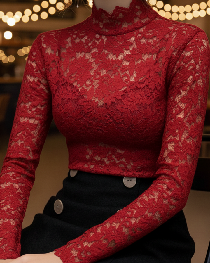 Damen Bluse mit floraler Spitze und hohem Kragen – Langarm, figurbetont, mit Wellenkante