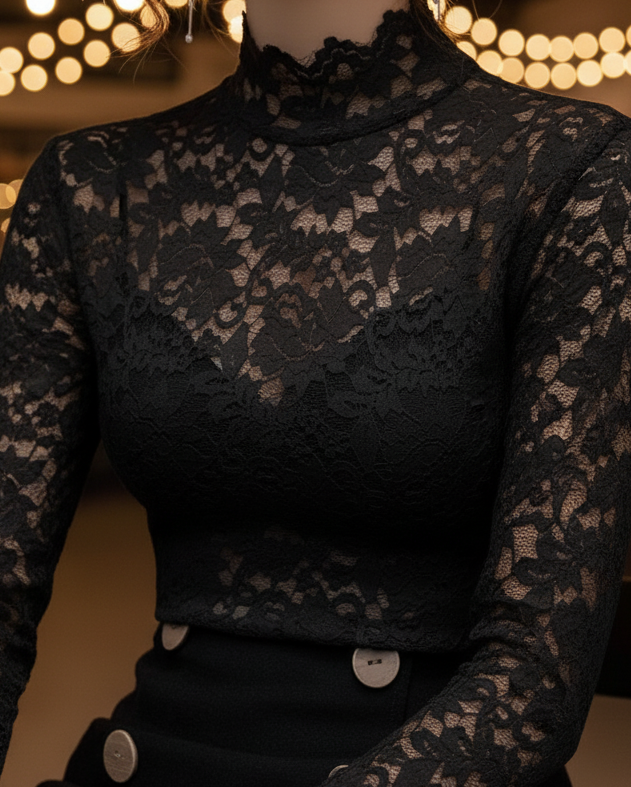 Damen Bluse mit floraler Spitze und hohem Kragen – Langarm, figurbetont, mit Wellenkante