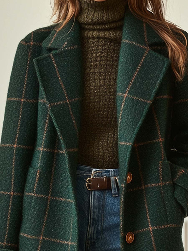 Damen Retro Revers Karierte Tweedjacke
