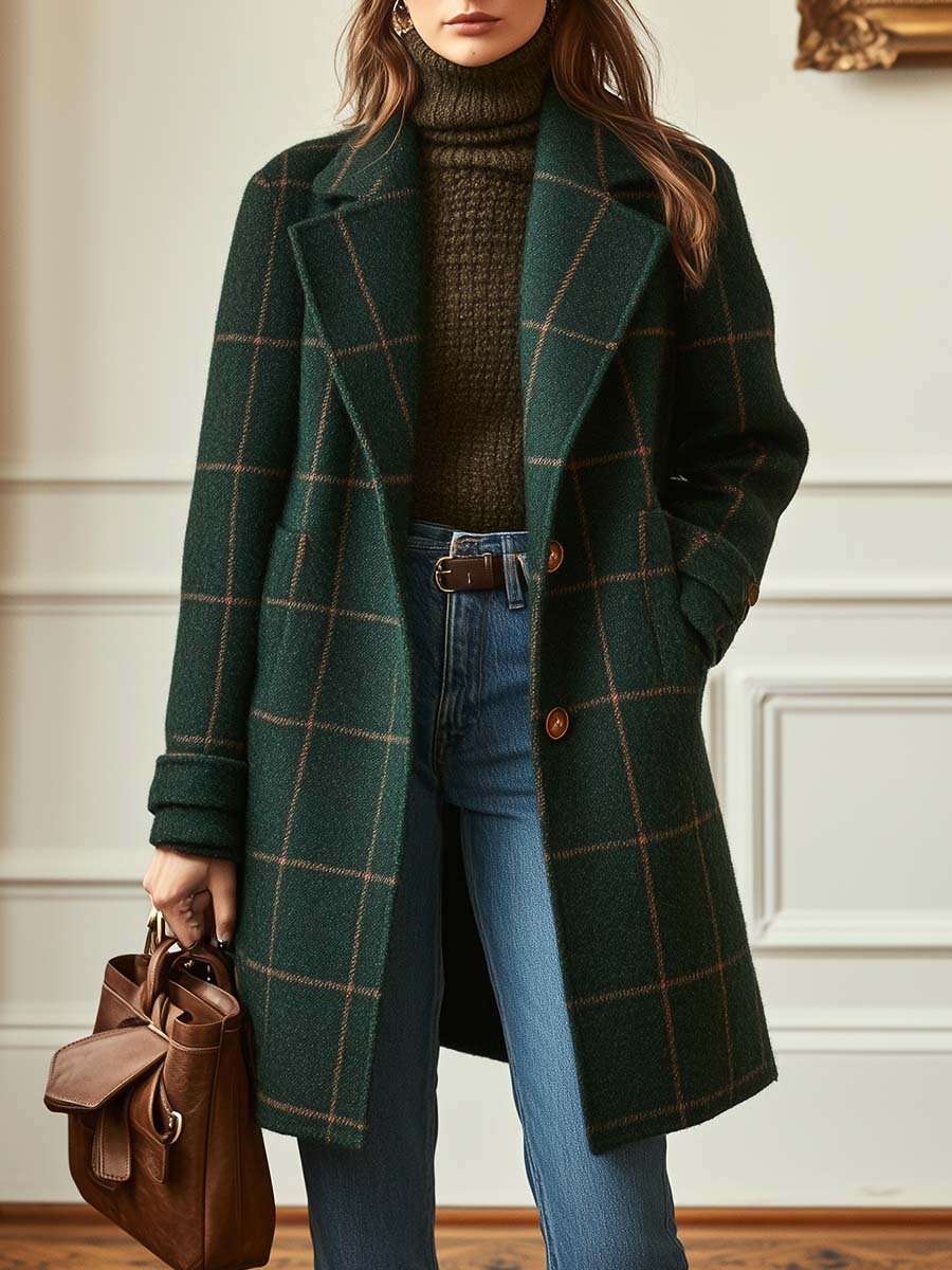 Damen Retro Revers Karierte Tweedjacke