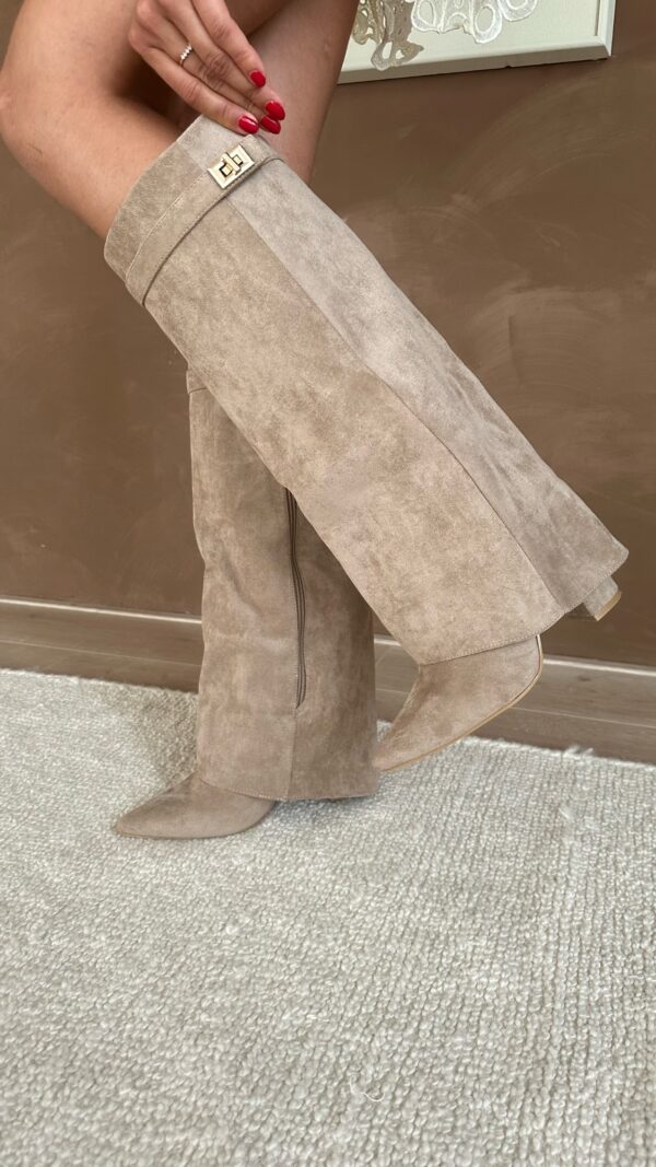 Damenstiefel mit Blockabsatz und eleganter Passform mit Riemchen aus Wildleder oder Leder