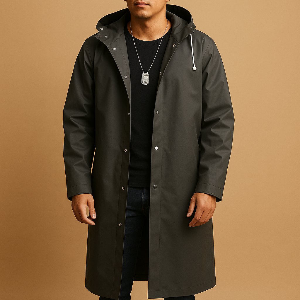 Lange Regenjacke für Herren – Wasserdichte Jacke mit Kapuze