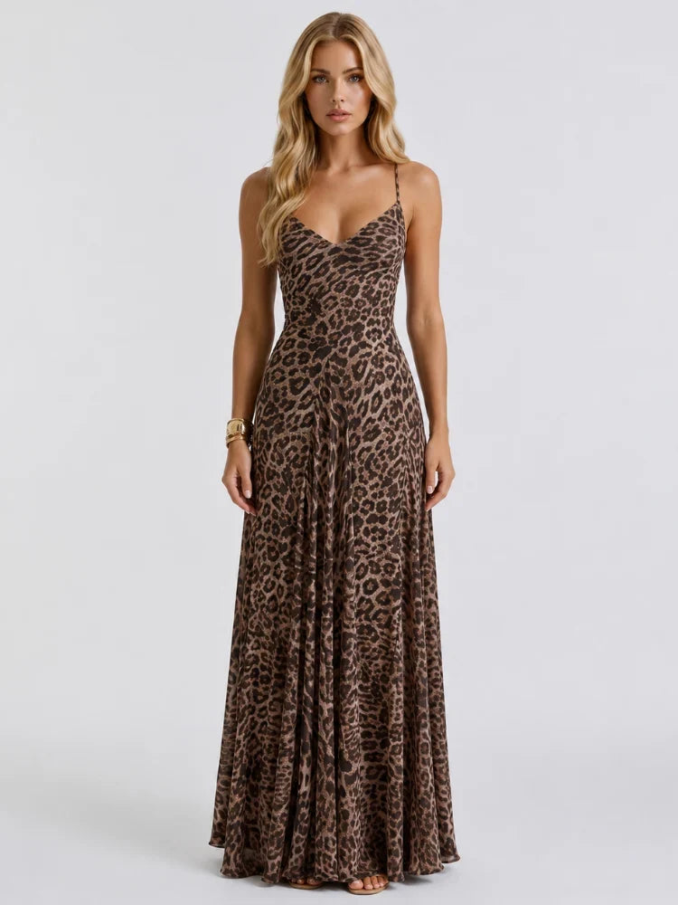 Samantha | V-Ausschnitt Leopardenmuster Abendmaxikleid mit Spaghetti-Trägern
