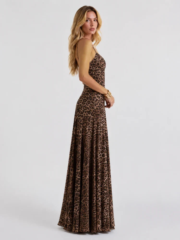 Samantha | V-Ausschnitt Leopardenmuster Abendmaxikleid mit Spaghetti-Trägern