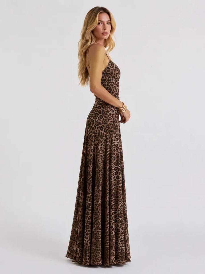 Samantha | V-Ausschnitt Leopardenmuster Abendmaxikleid mit Spaghetti-Trägern