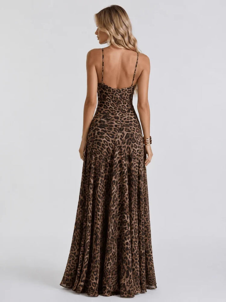 Samantha | V-Ausschnitt Leopardenmuster Abendmaxikleid mit Spaghetti-Trägern