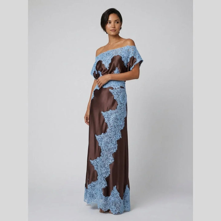 Tracy | Robe longue asymétrique en satin et dentelle pour invitée de mariage