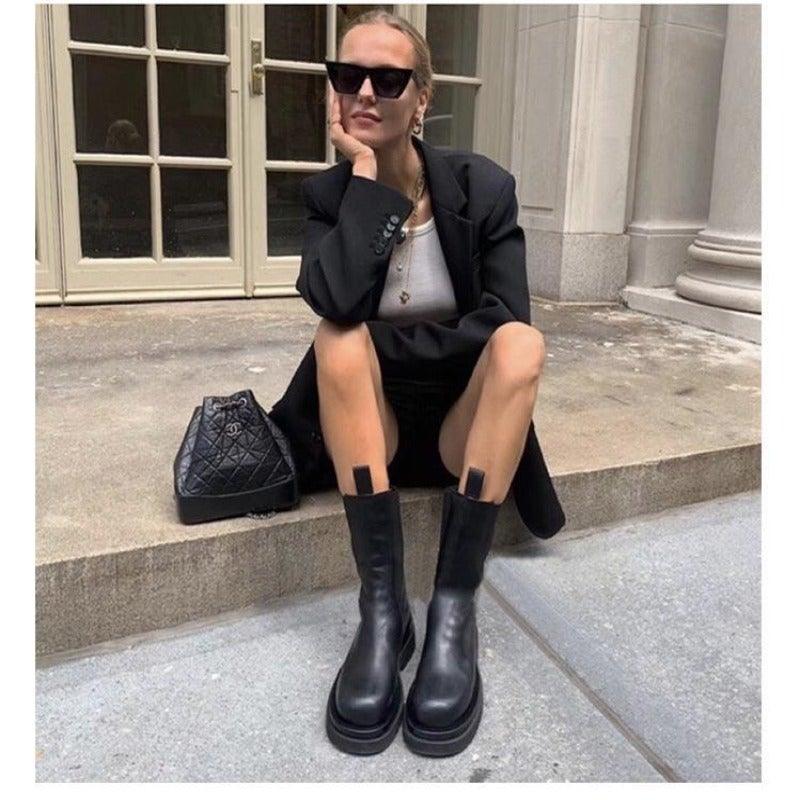 Damen Klassische Stiefel mit mittlerer Höhe und robuster Sohle