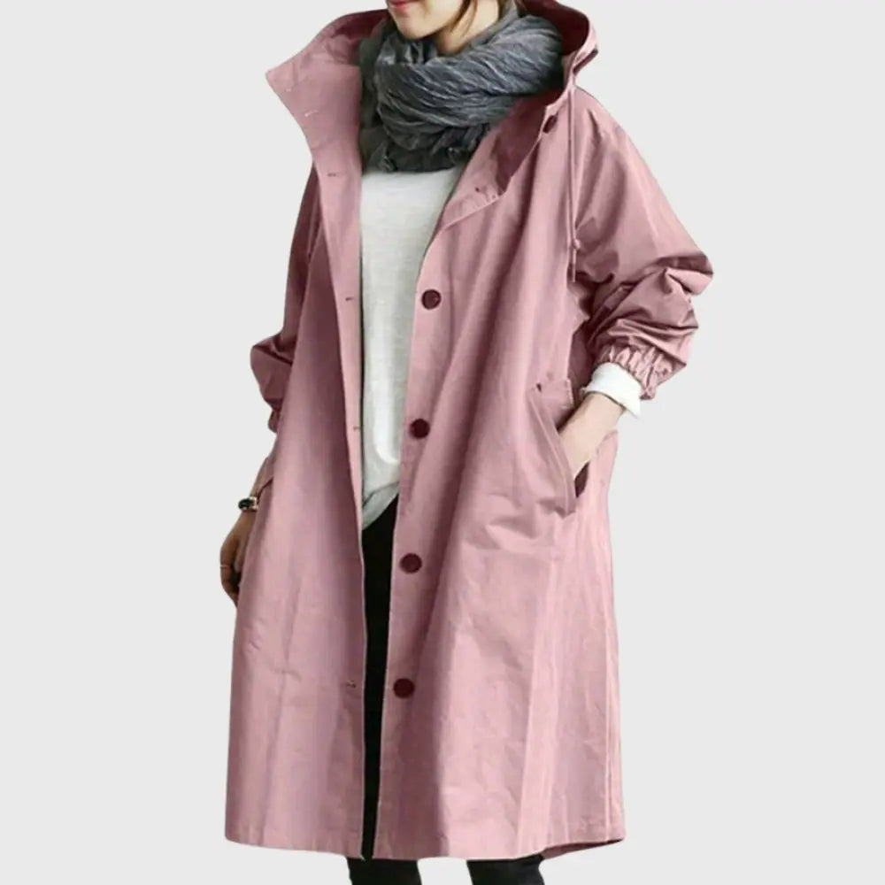 Rosie | Wasserdichter Trenchcoat mit Kapuze, langer Damenregenmantel