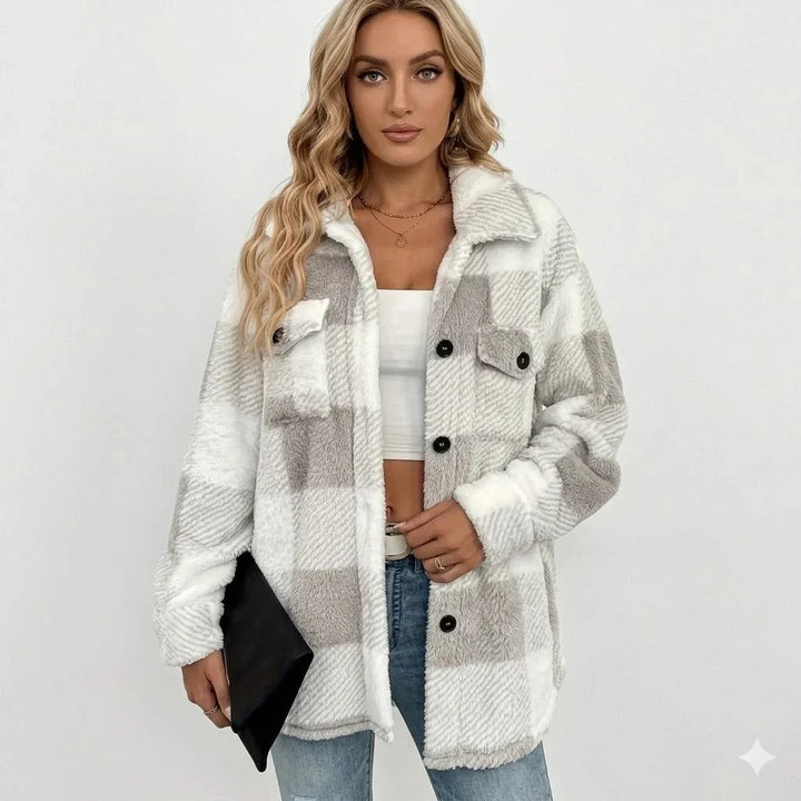 Damen Shirtjacke | Plüsch Sherpa Karo Knopfleiste