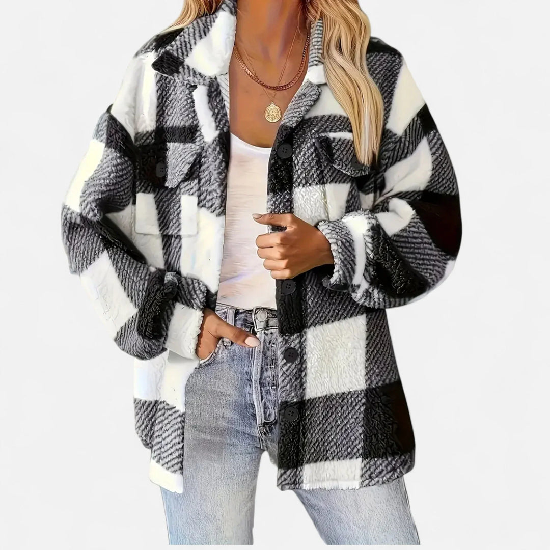 Damen Shirtjacke | Plüsch Sherpa Karo Knopfleiste