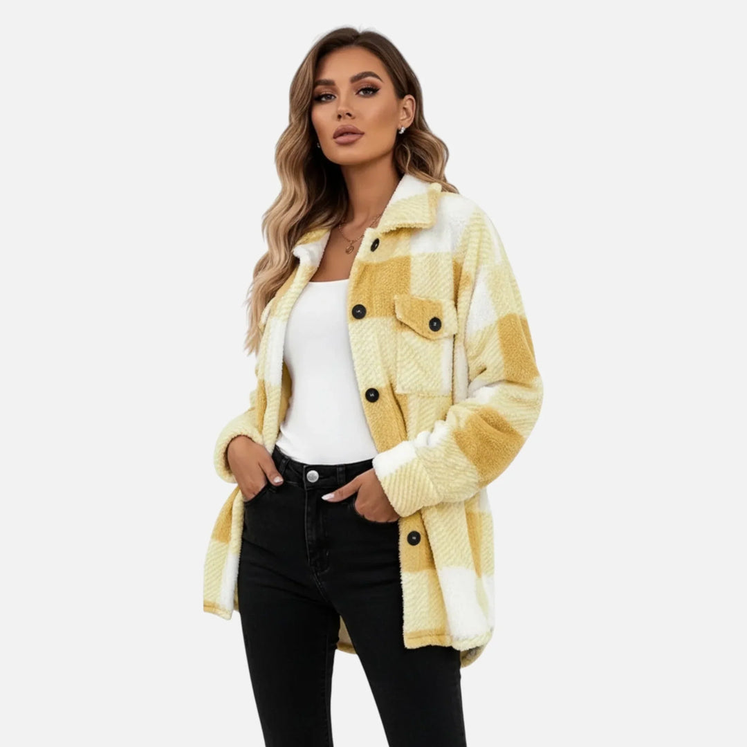 Damen Shirtjacke | Plüsch Sherpa Karo Knopfleiste
