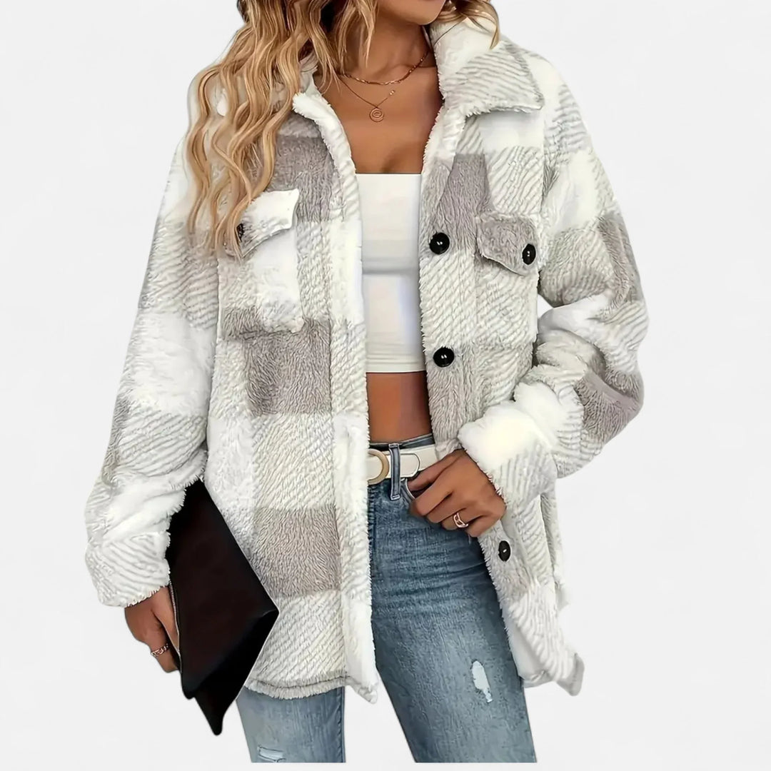 Damen Shirtjacke | Plüsch Sherpa Karo Knopfleiste