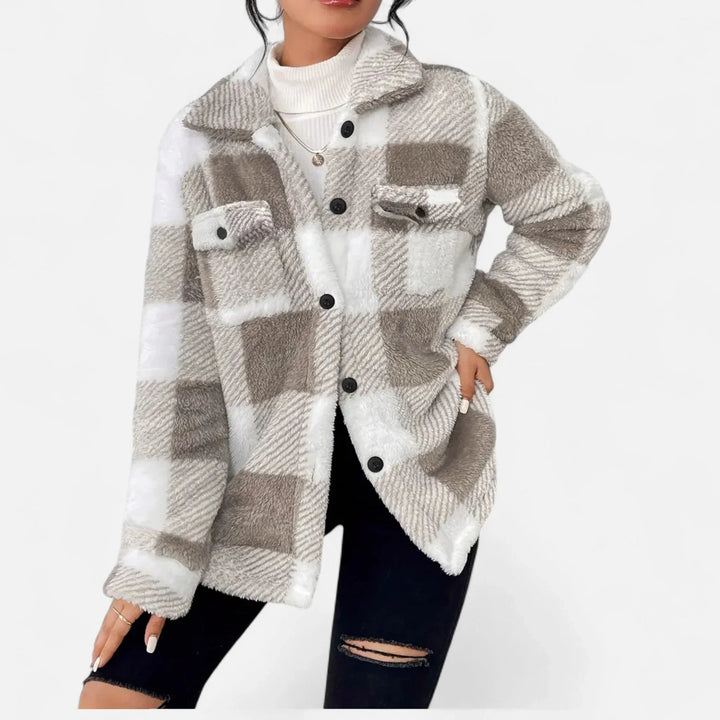 Damen Shirtjacke | Plüsch Sherpa Karo Knopfleiste