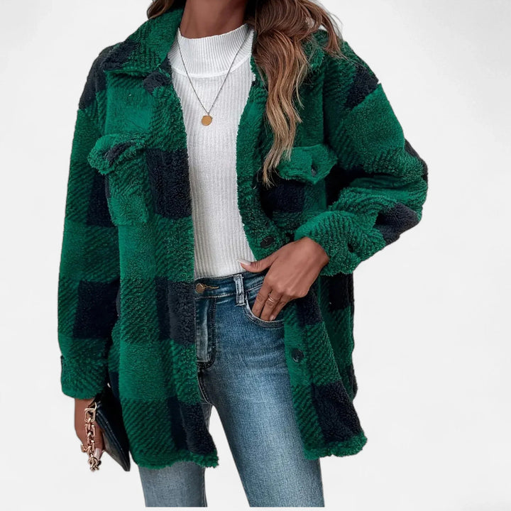 Damen Shirtjacke | Plüsch Sherpa Karo Knopfleiste