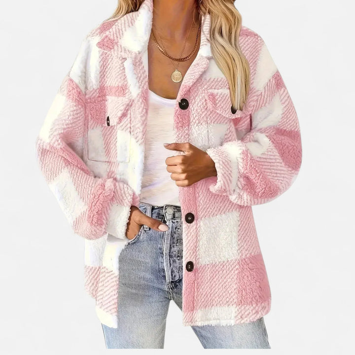 Damen Shirtjacke | Plüsch Sherpa Karo Knopfleiste