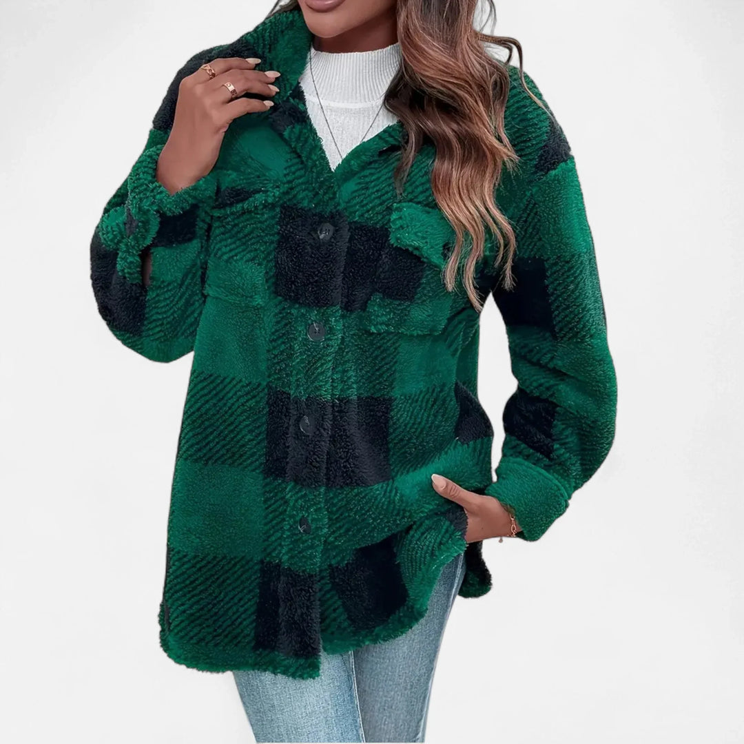 Damen Shirtjacke | Plüsch Sherpa Karo Knopfleiste