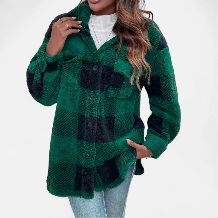Damen Shirtjacke | Plüsch Sherpa Karo Knopfleiste