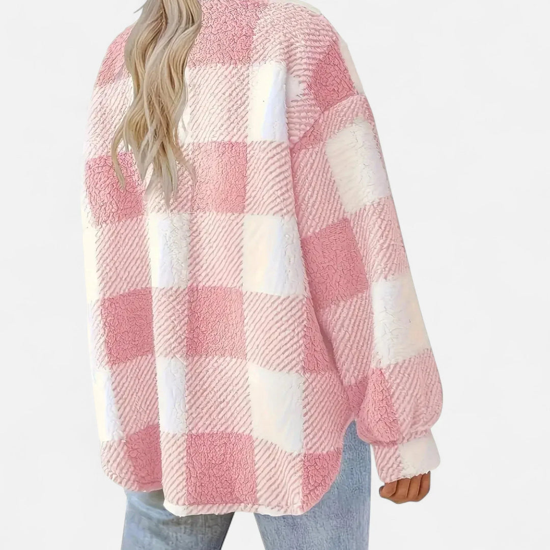 Damen Shirtjacke | Plüsch Sherpa Karo Knopfleiste