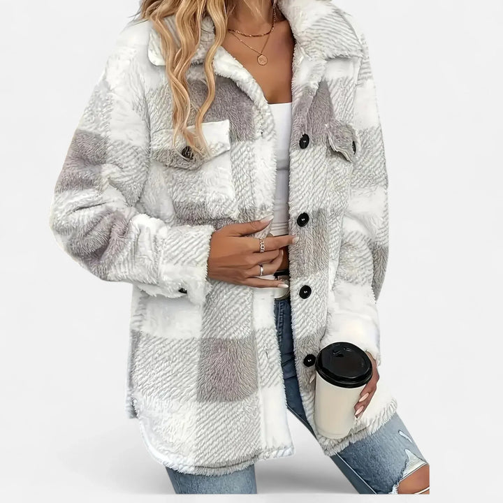 Damen Shirtjacke | Plüsch Sherpa Karo Knopfleiste