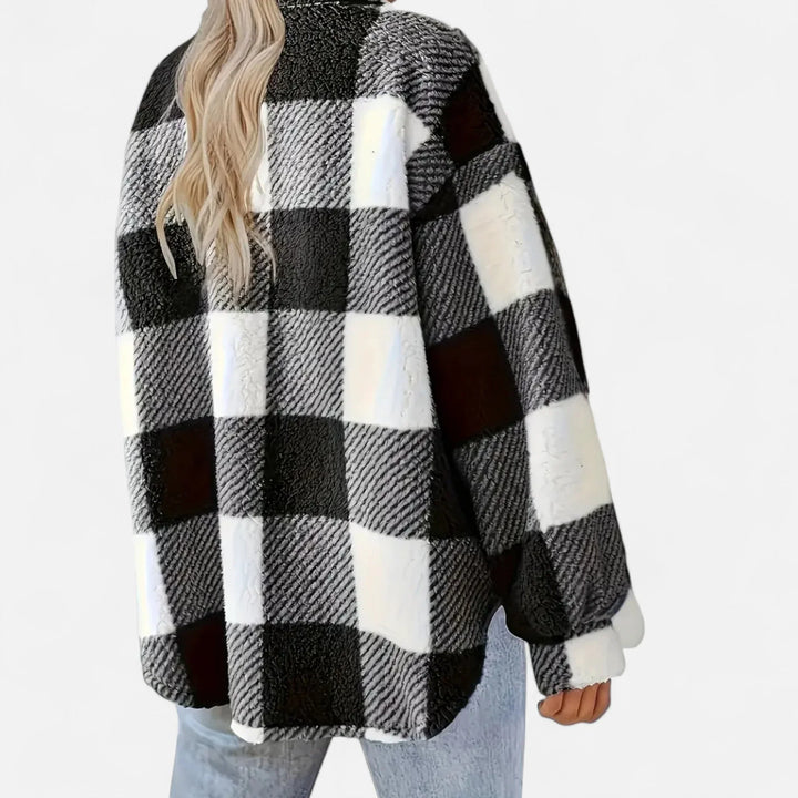 Damen Shirtjacke | Plüsch Sherpa Karo Knopfleiste