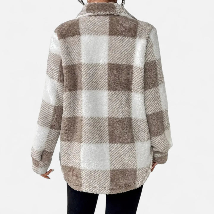 Damen Shirtjacke | Plüsch Sherpa Karo Knopfleiste