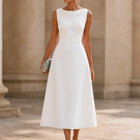 Damen Hochzeitsgastkleid | Midi Drapierter Hals Falten Fit und Flare