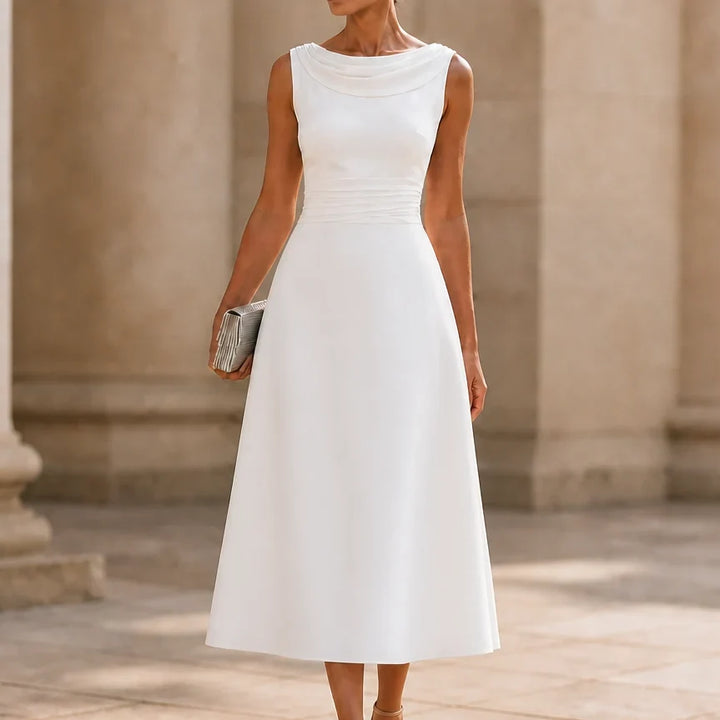 Damen Hochzeitsgastkleid | Midi Drapierter Hals Falten Fit und Flare